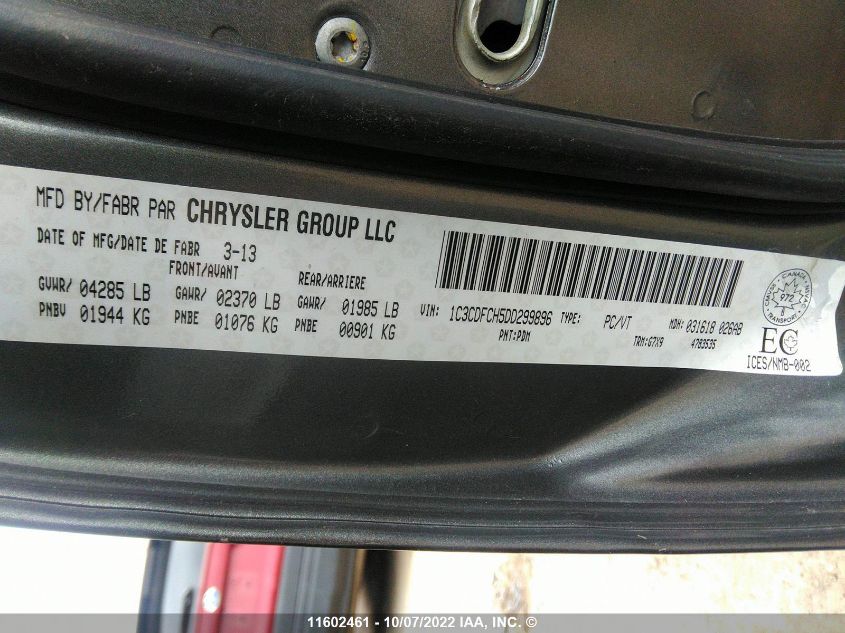 2013 Dodge Dart Limited VIN: 1C3CDFCH5DD299896 Lot: 11602461