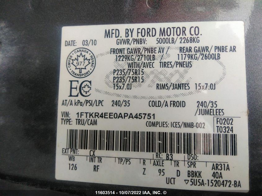 2010 Ford Ranger Super Cab VIN: 1FTKR4EE0APA45751 Lot: 11603514