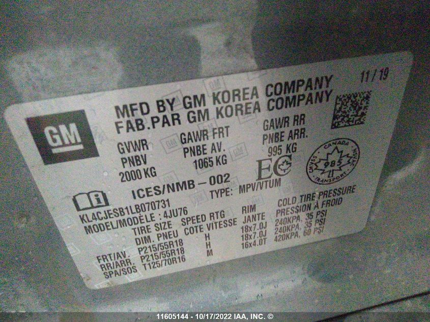 2020 Buick Encore Preferred VIN: KL4CJESB1LB070731 Lot: 11605144