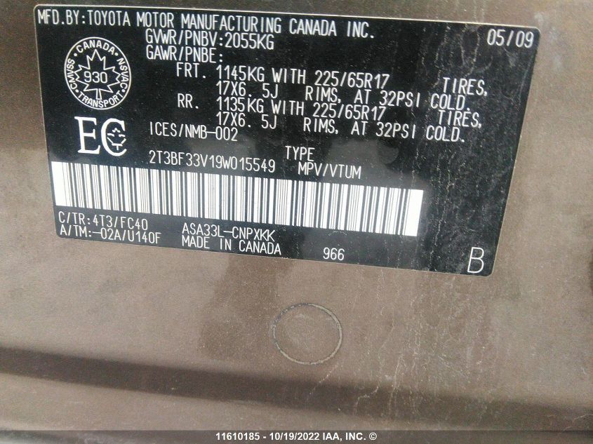 2009 Toyota Rav4 VIN: 2T3BF33V19W015549 Lot: 11610185