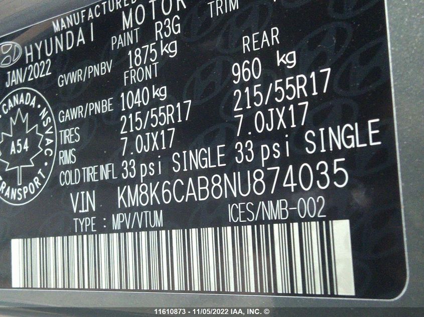 2022 Hyundai Kona Sel VIN: KM8K6CAB8NU874035 Lot: 11610873