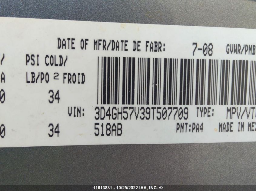 2009 Dodge Journey Sxt VIN: 3D4GH57V39T507709 Lot: 11613831