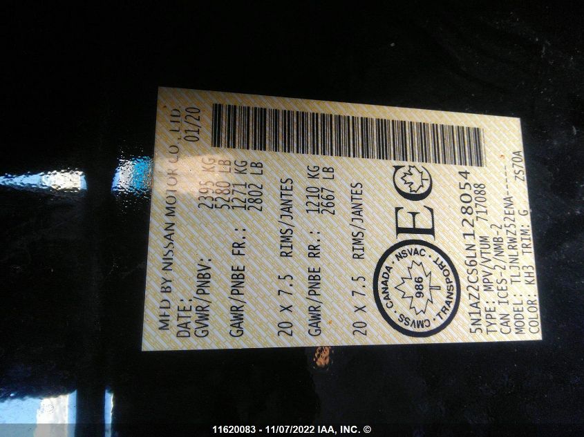 2020 Nissan Murano Sl VIN: 5N1AZ2CS6LN128054 Lot: 11620083