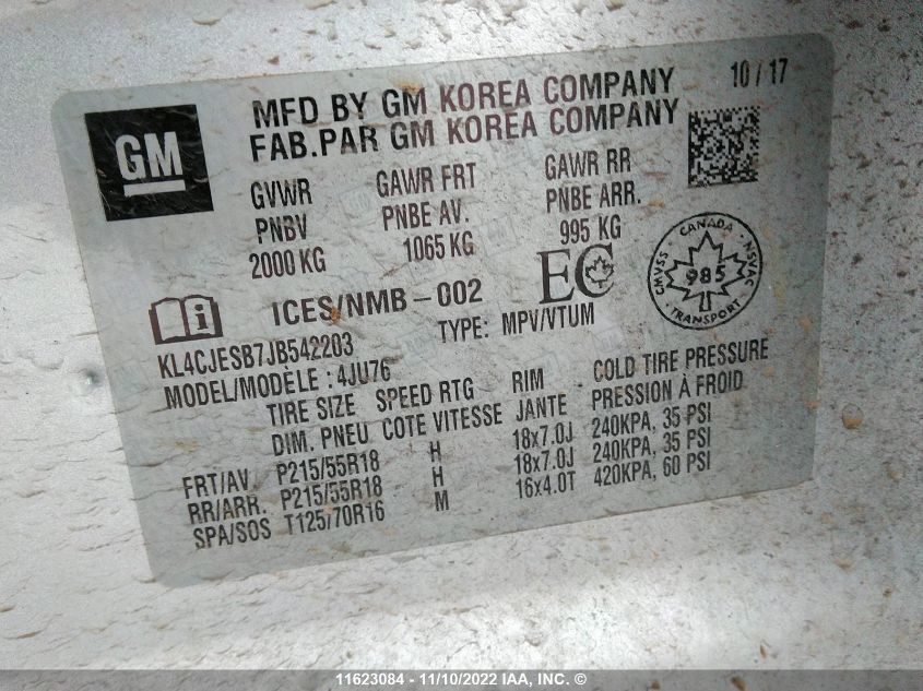 2018 Buick Encore VIN: KL4CJESB7JB542203 Lot: 11623084