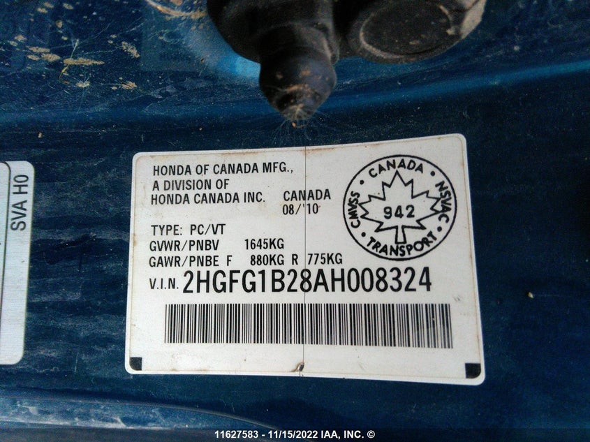 2010 Honda Civic VIN: 2HGFG1B28AH008324 Lot: 11627583