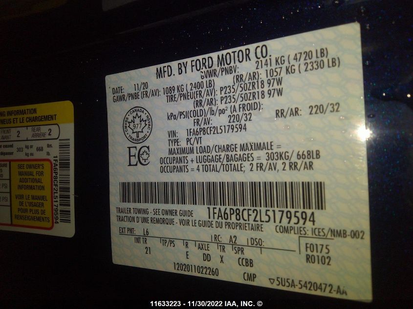 2020 Ford Mustang Gt VIN: 1FA6P8CF2L5179594 Lot: 11633223