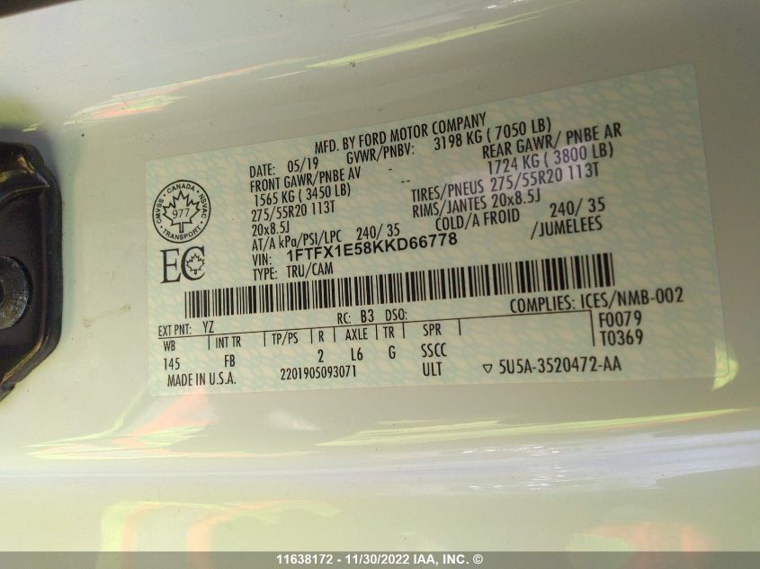 2019 Ford F150 Super Cab VIN: 1FTFX1E58KKD66778 Lot: 11638172