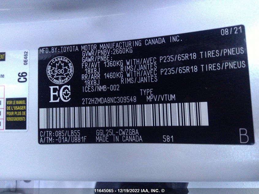 2022 Lexus Rx 350 VIN: 2T2HZMDA8NC309548 Lot: 11645065