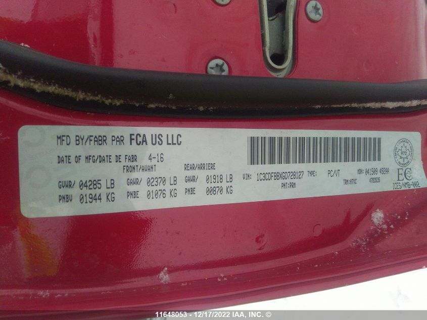 2016 Dodge Dodge VIN: 1C3CDFBBXGD728127 Lot: 11648053