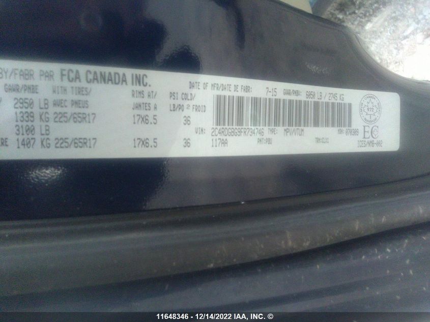 2015 Dodge Grand Caravan VIN: 2C4RDGBG9FR734746 Lot: 11648346