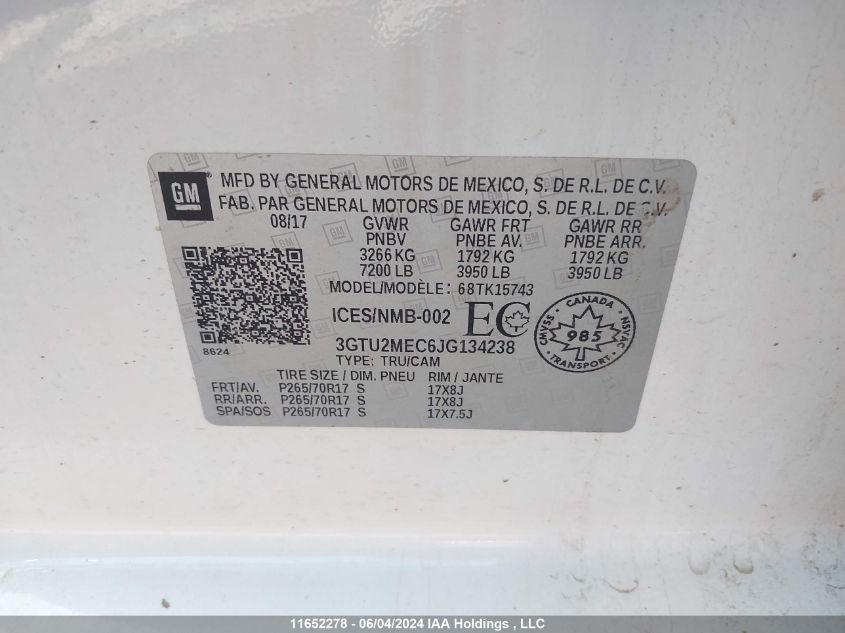 2018 GMC Sierra K1500 Sle VIN: 3GTU2MEC6JG134238 Lot: 11652278