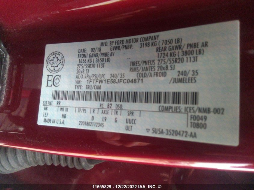 2018 Ford F150 Supercrew VIN: 1FTFW1E58JFC04871 Lot: 11655829