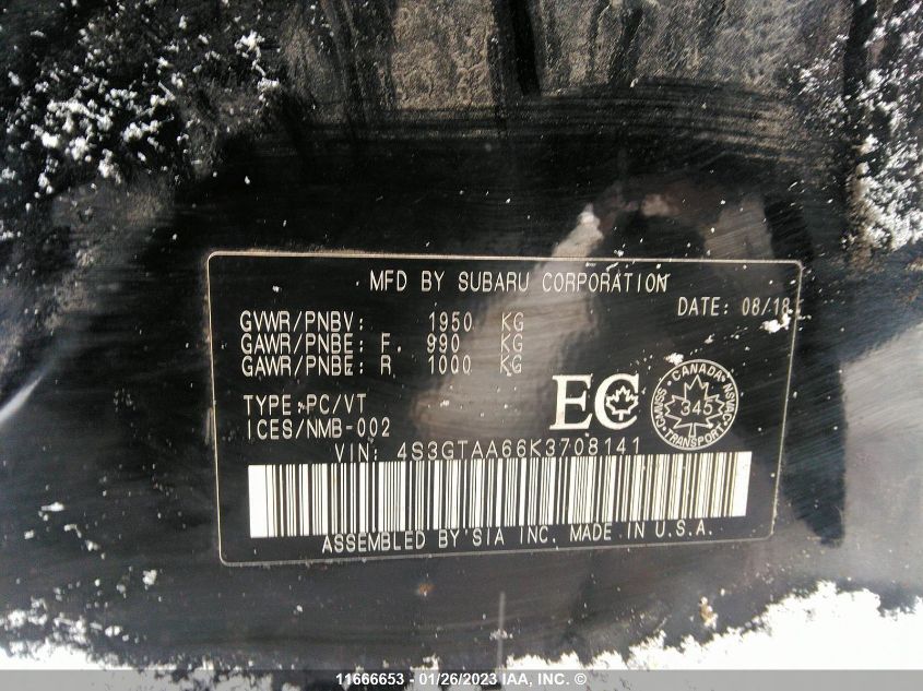 2019 Subaru Impreza VIN: 4S3GTAA66K3708141 Lot: 11666653