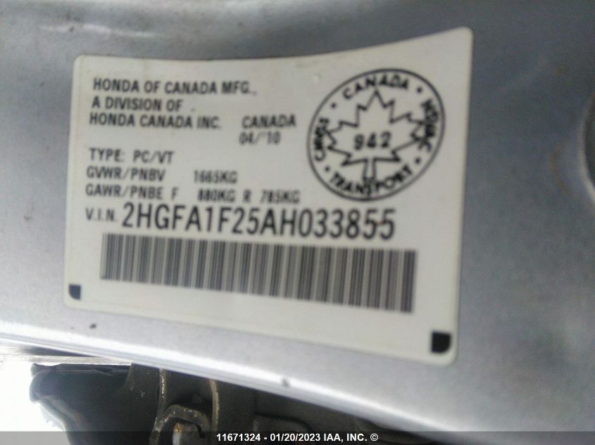 2010 Honda Civic Dx VIN: 2HGFA1F25AH033855 Lot: 11671324