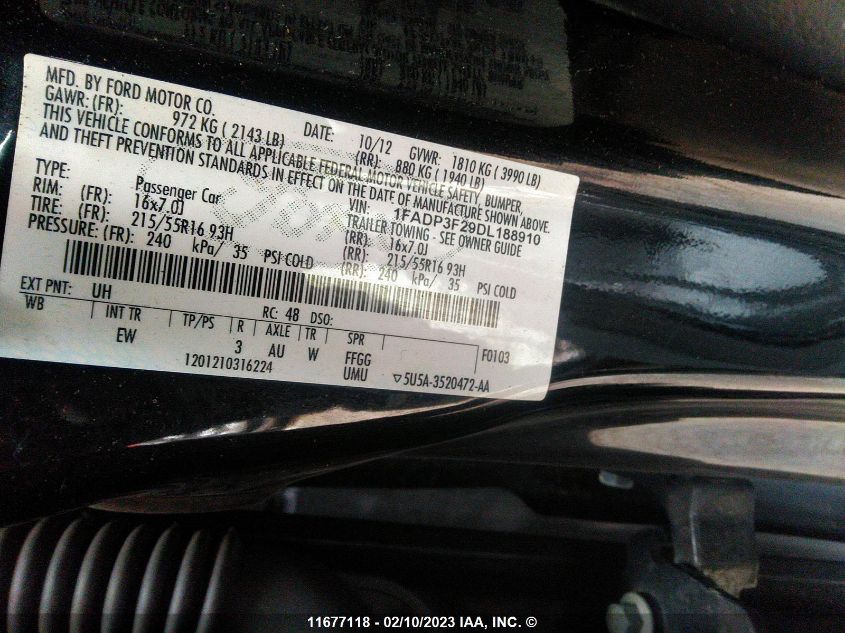 2013 Ford Focus Se VIN: 1FADP3F29DL188910 Lot: 11677118