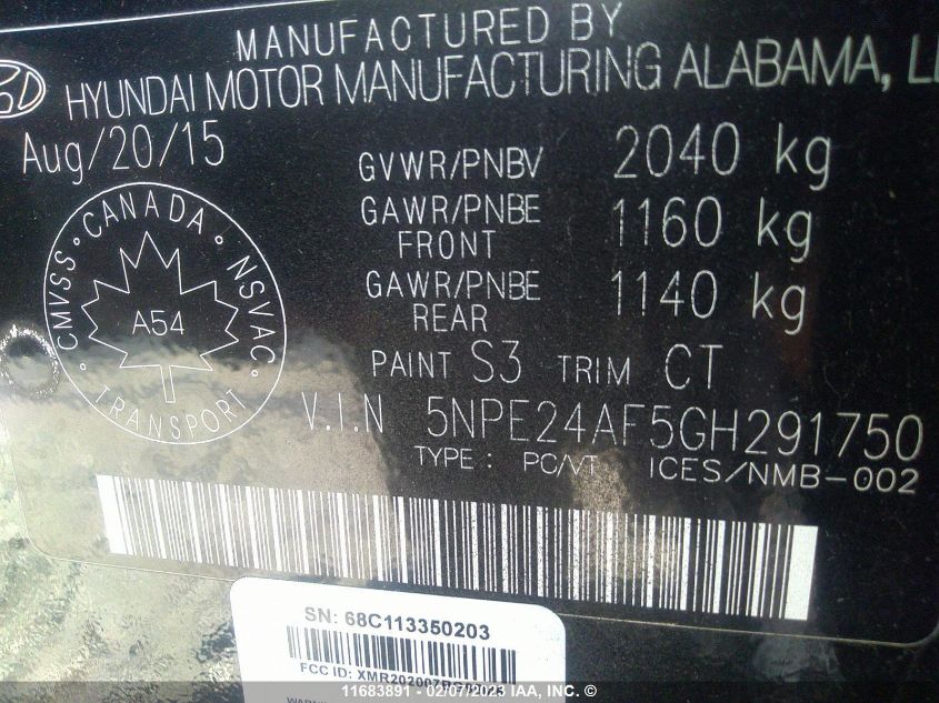 2016 Hyundai Sonata VIN: 5NPE24AF5GH291750 Lot: 11683891