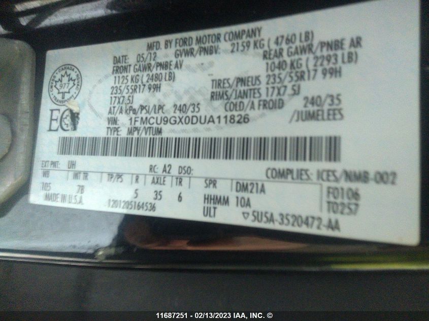 2013 Ford Escape Se VIN: 1FMCU9GX0DUA11826 Lot: 11687251