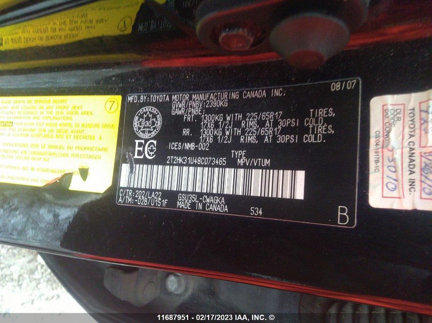 2008 Lexus Rx 350 VIN: 2T2HK31U48C073465 Lot: 11687951