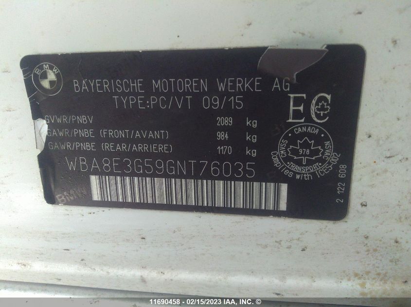 2016 BMW 328 Xi Sulev VIN: WBA8E3G59GNT76035 Lot: 11690458