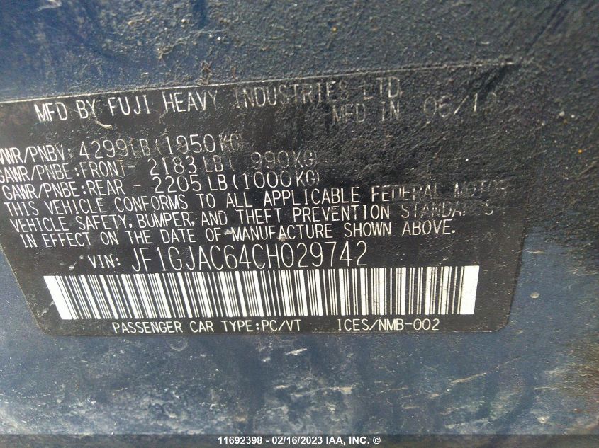 2012 Subaru Impreza Premium VIN: JF1GJAC64CH029742 Lot: 11692398