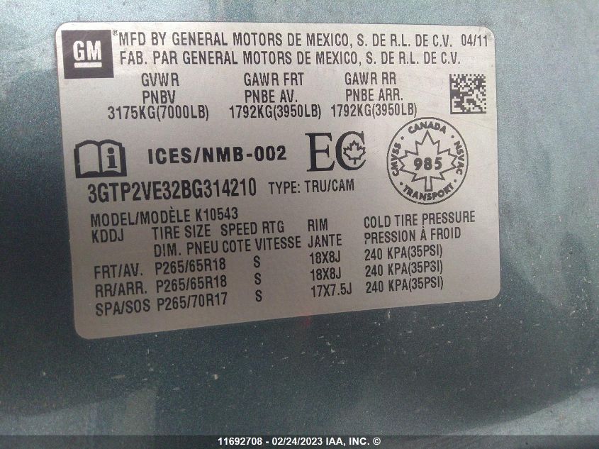 2011 GMC Sierra K1500 Sle VIN: 3GTP2VE32BG314210 Lot: 11692708