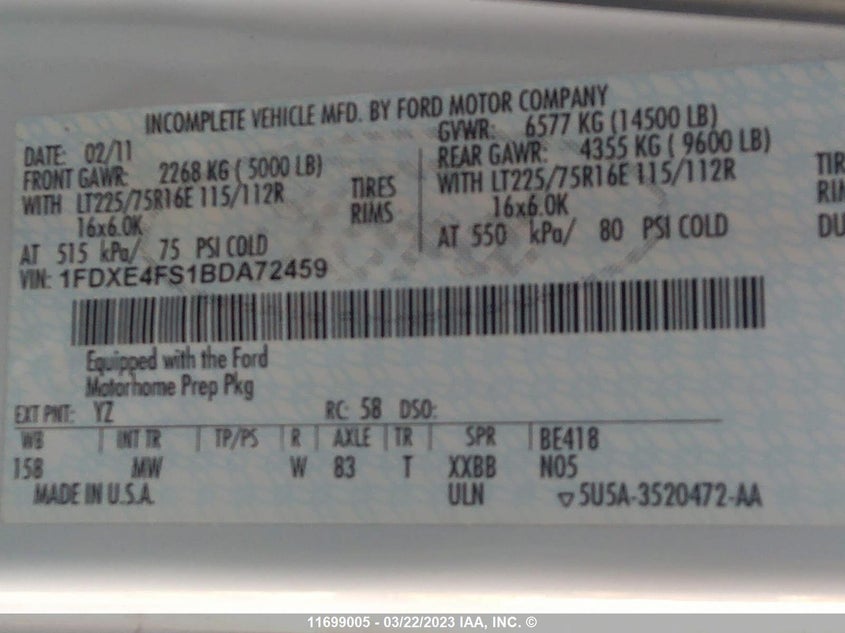 2011 Ford Econoline E450 Super Duty Cutwy Van VIN: 1FDXE4FS1BDA72459 Lot: 11699005