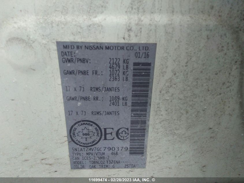 2016 Nissan Rogue VIN: 5N1AT2MV7GC790379 Lot: 11699474