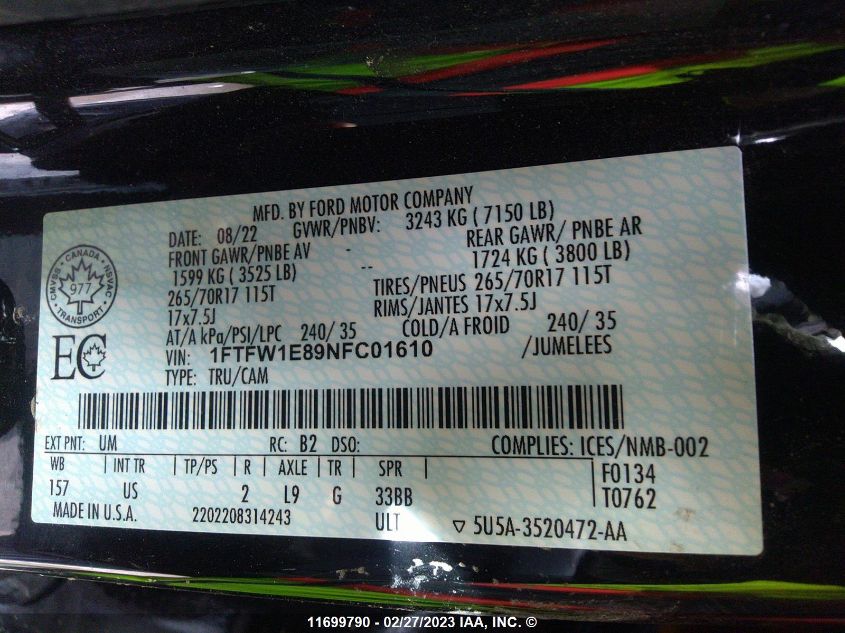 2022 Ford F150 Supercrew VIN: 1FTFW1E89NFC01610 Lot: 11699790