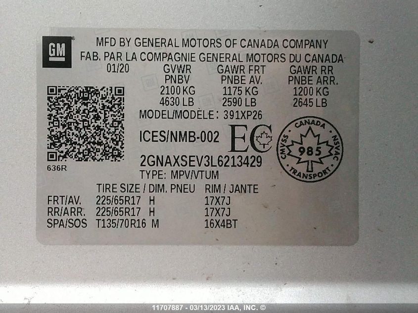 2020 Chevrolet Equinox Ls VIN: 2GNAXSEV3L6213429 Lot: 11707887