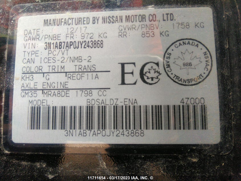 2018 Nissan Sentra S/Sv/Sr/Sl VIN: 3N1AB7AP0JY243868 Lot: 11711654