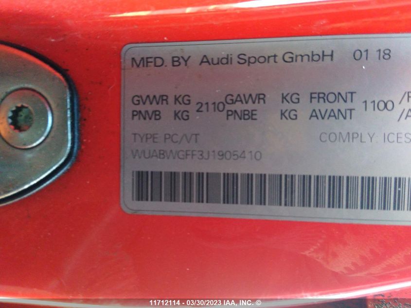 2018 Audi Rs3 VIN: WUABWGFF3J1905410 Lot: 11712114