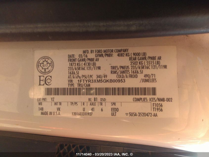 2016 Ford Transit T-250 VIN: 1FTYR3XM5GKB00953 Lot: 11714040