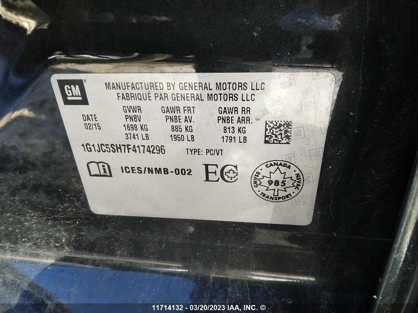 2015 Chevrolet Sonic Lt VIN: 1G1JC5SH7F4174296 Lot: 11714132