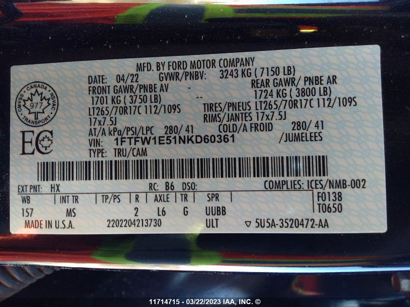 2022 Ford F150 Supercrew VIN: 1FTFW1E51NKD60361 Lot: 11714715