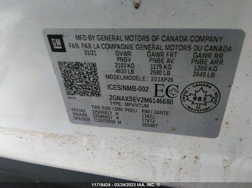 2021 Chevrolet Equinox Ls VIN: 2GNAXSEV2M6146680 Lot: 11718424