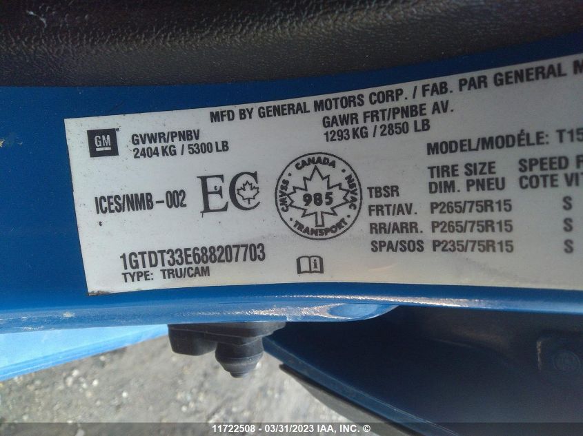 2008 GMC Canyon VIN: 1GTDT33E688207703 Lot: 11722508