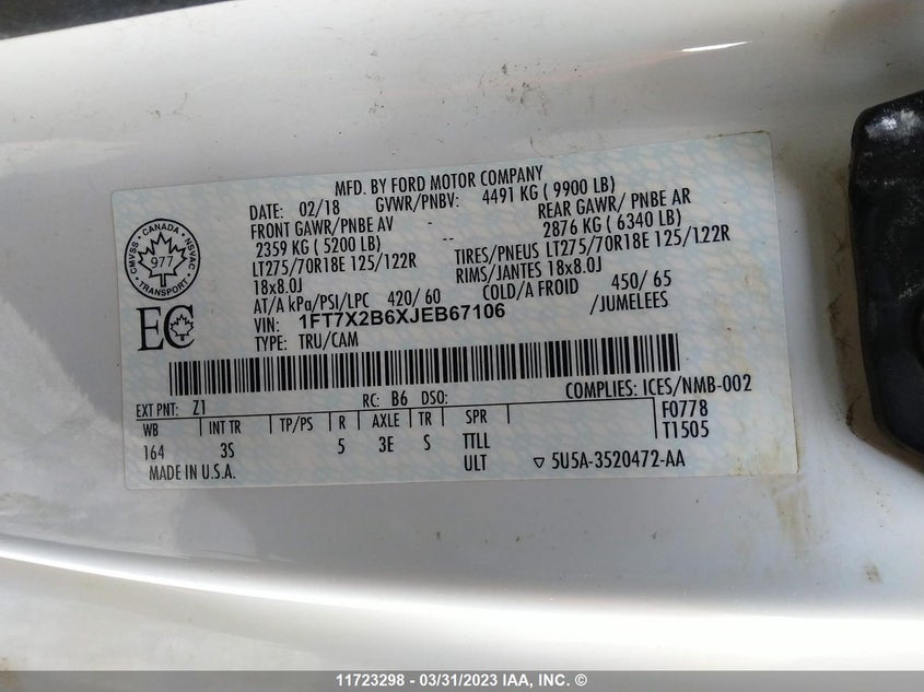 2018 Ford F250 Super Duty VIN: 1FT7X2B6XJEB67106 Lot: 11723298