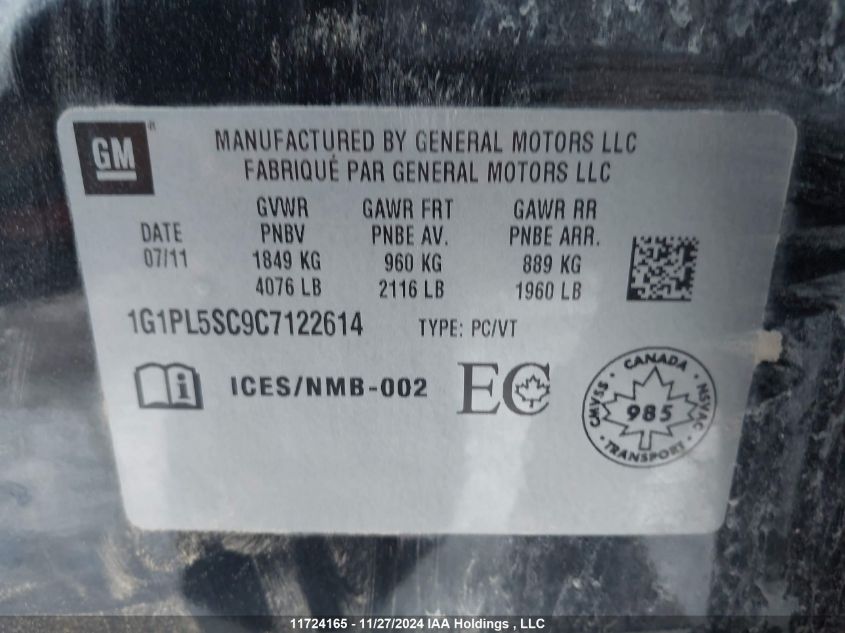 2012 Chevrolet Cruze Lt VIN: 1G1PL5SC9C7122614 Lot: 11724165