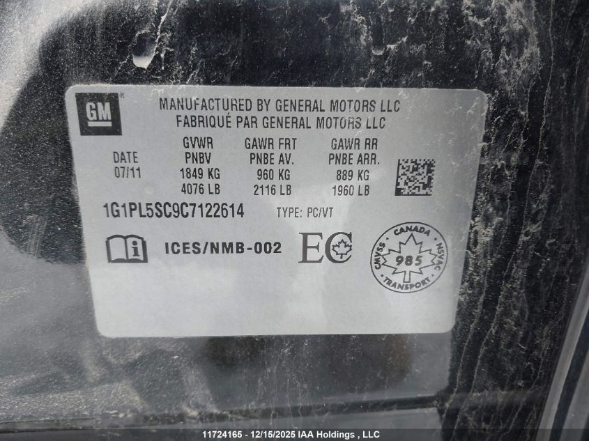 2012 Chevrolet Cruze Lt VIN: 1G1PL5SC9C7122614 Lot: 11724165