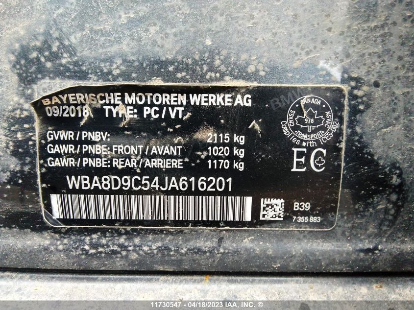 2018 BMW 330 Xi VIN: WBA8D9C54JA616201 Lot: 11730547