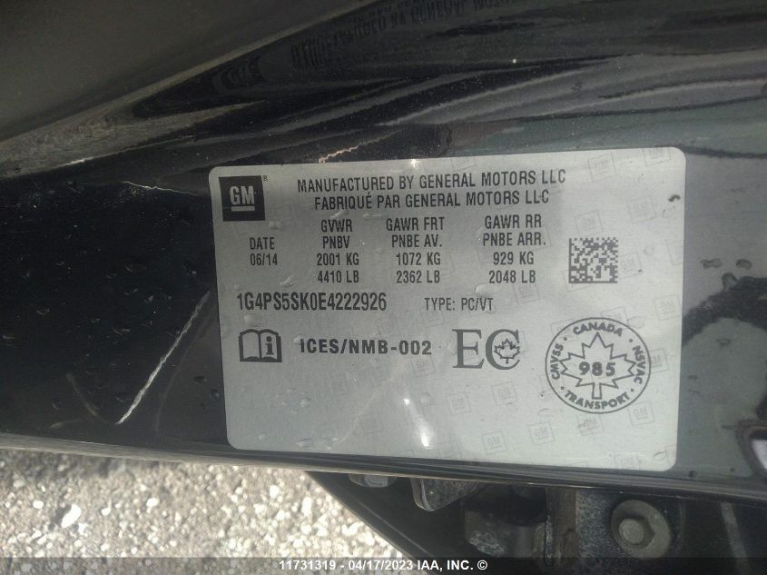 2014 Buick Verano VIN: 1G4PS5SK0E4222926 Lot: 11731319