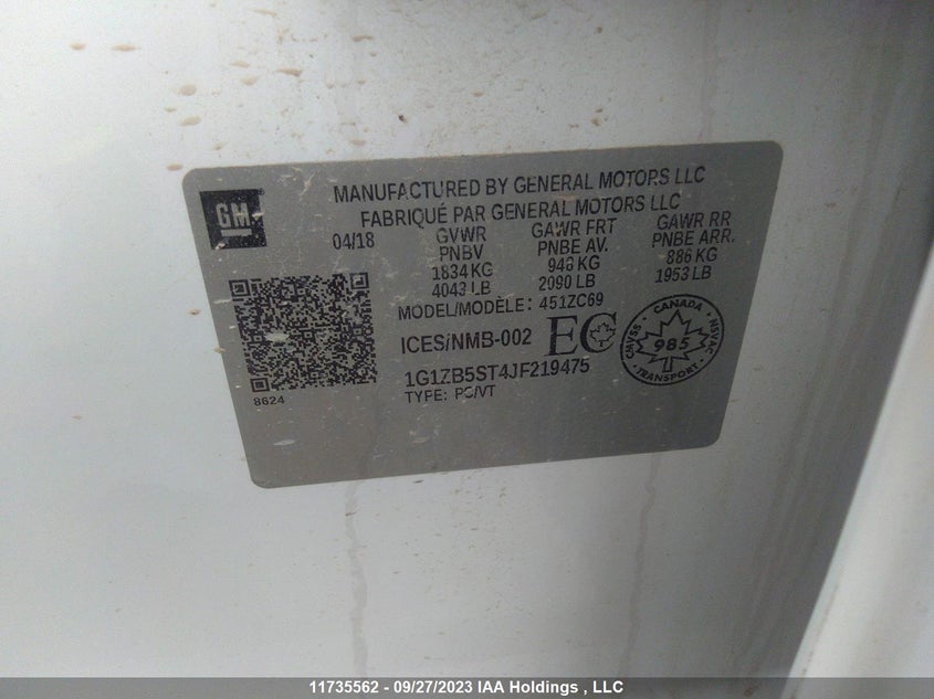 2018 Chevrolet Malibu Ls VIN: 1G1ZB5ST4JF219475 Lot: 11735562