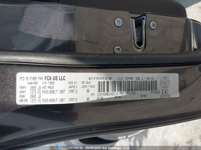 2019 Jeep Cherokee Trailhawk VIN: 1C4PJMBX8KD425118 Lot: 11735730