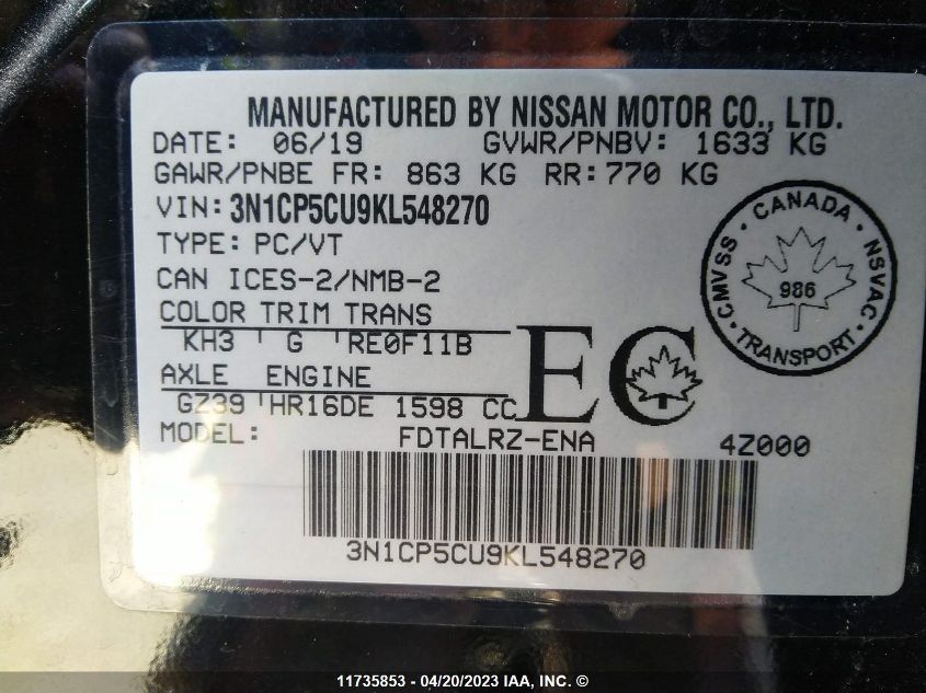 2019 Nissan Kicks S/Sr/Sv VIN: 3N1CP5CU9KL548270 Lot: 11735853