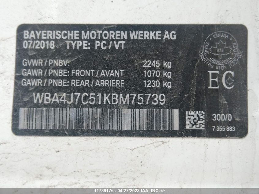 2019 BMW 4 Series 440I xDrive Hybrid VIN: WBA4J7C51KBM75739 Lot: 11739175