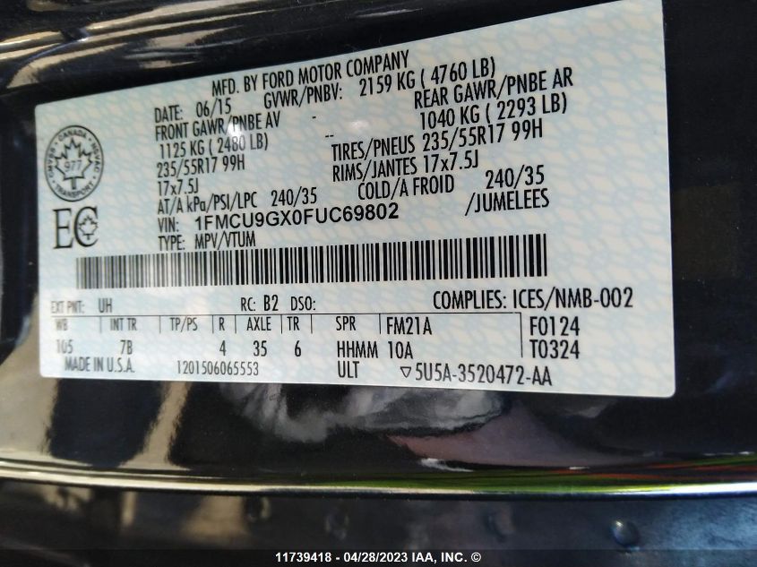 2015 Ford Escape Se VIN: 1FMCU9GX0FUC69802 Lot: 11739418