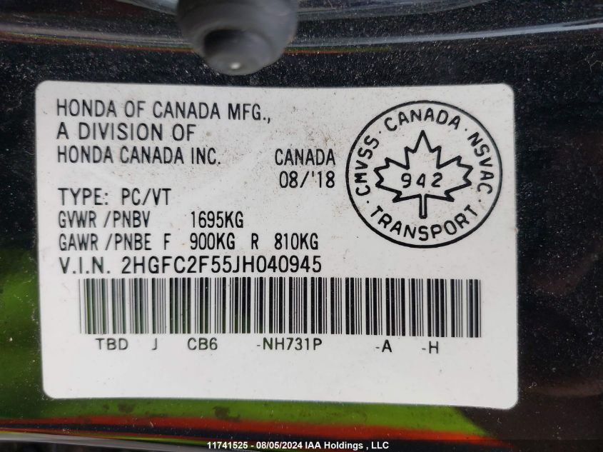 2018 Honda Civic Lx VIN: 2HGFC2F55JH040945 Lot: 11741525