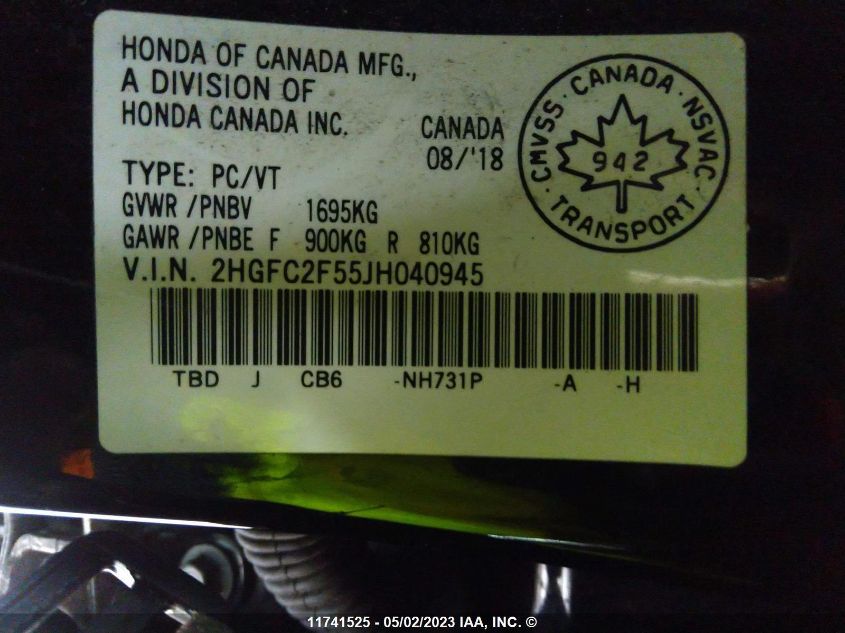 2018 Honda Civic Lx VIN: 2HGFC2F55JH040945 Lot: 11741525