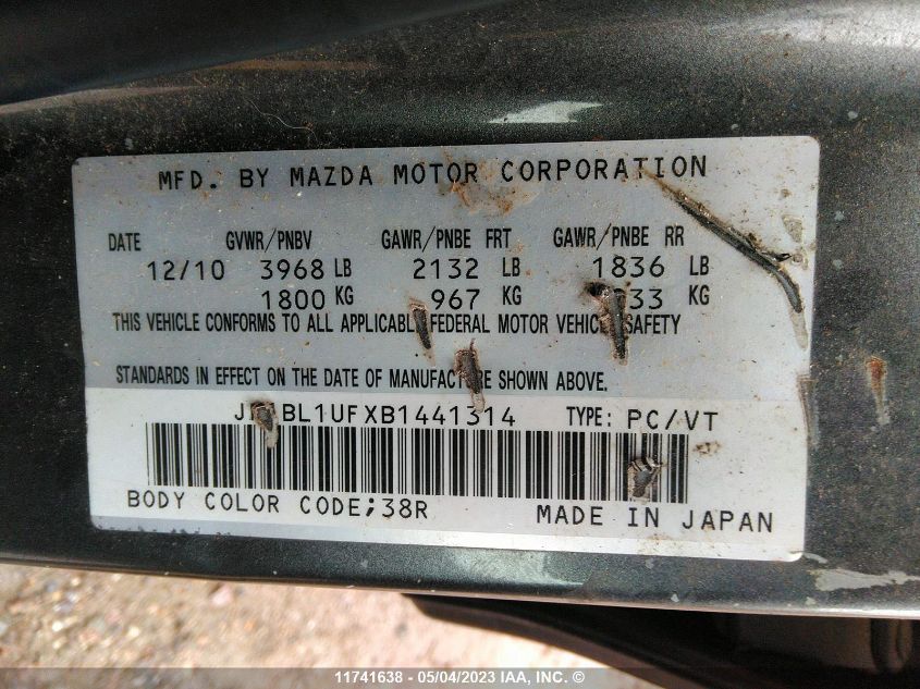 2011 Mazda 3 I VIN: JM1BL1UFXB1441314 Lot: 11741638