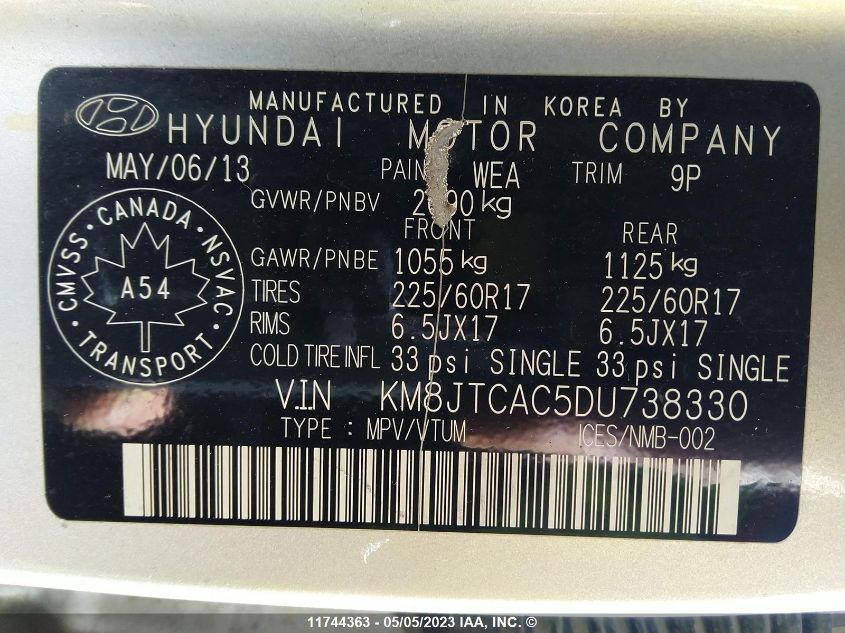 2013 Hyundai Tucson Gl VIN: KM8JTCAC5DU738330 Lot: 11744363